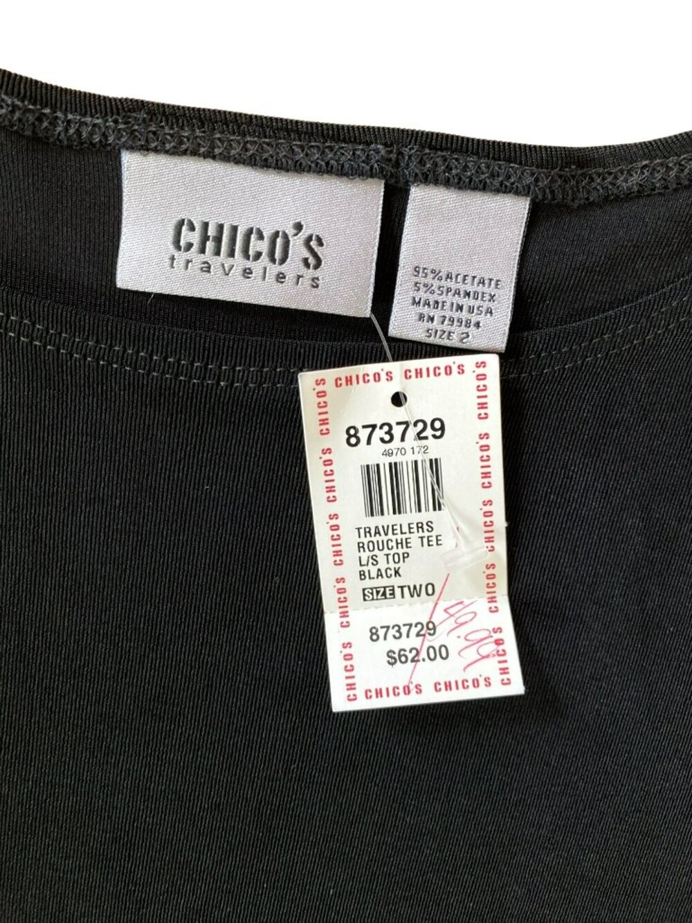 Chicos Travelers Slinky Long Sleeve Black Top Shirt Ruched Sleeves Size 2 NWT! - Picture 3 of 3